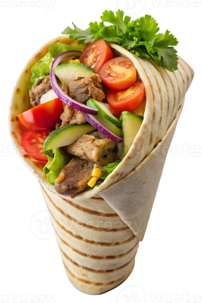 Freshly made wrap filled with vegetables and meat, cut out transparent png