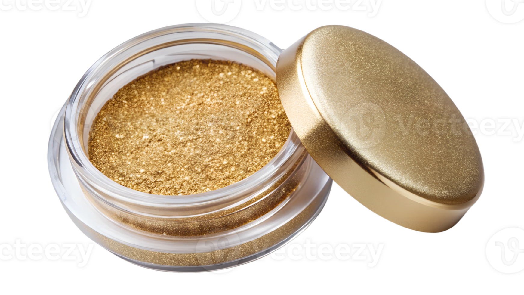 Golden shimmer powder in an open container, cut out transparent png