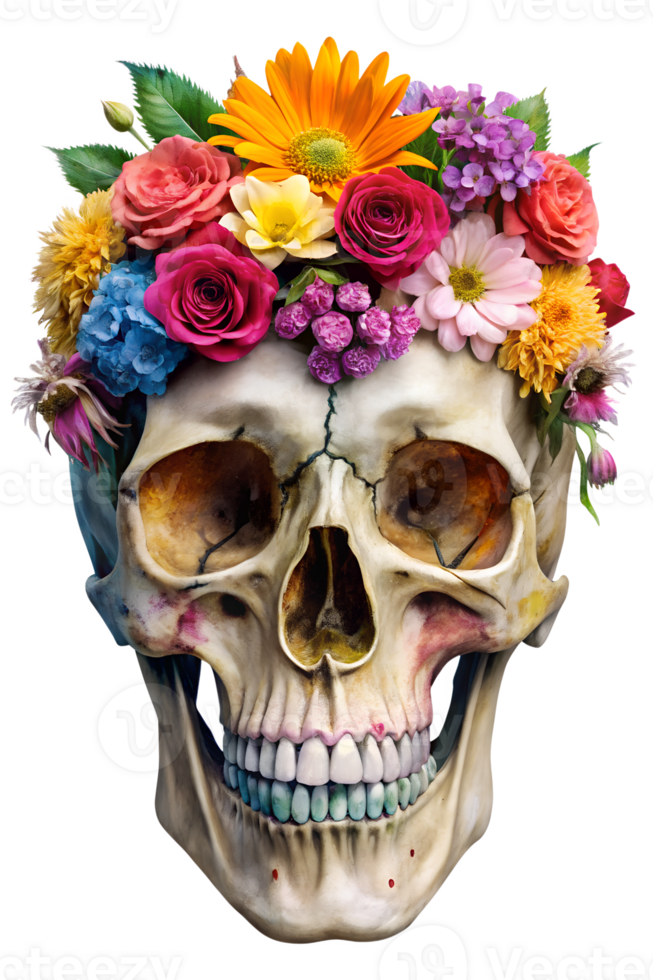 Skull adorned with vibrant flowers for celebration, cut out transparent png