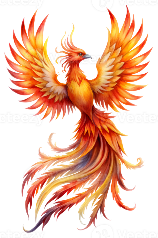 Vibrant phoenix illustration with wings, cut out transparent png