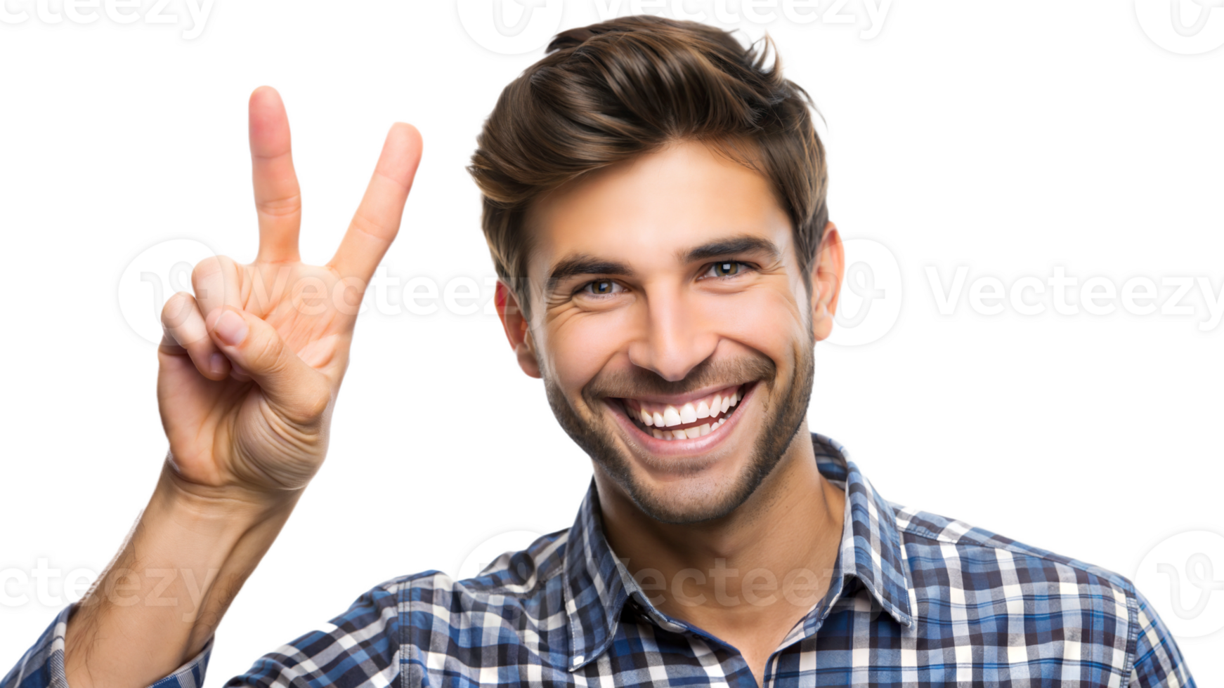 Young man smiling and making peace sign indoors, cut out transparent png