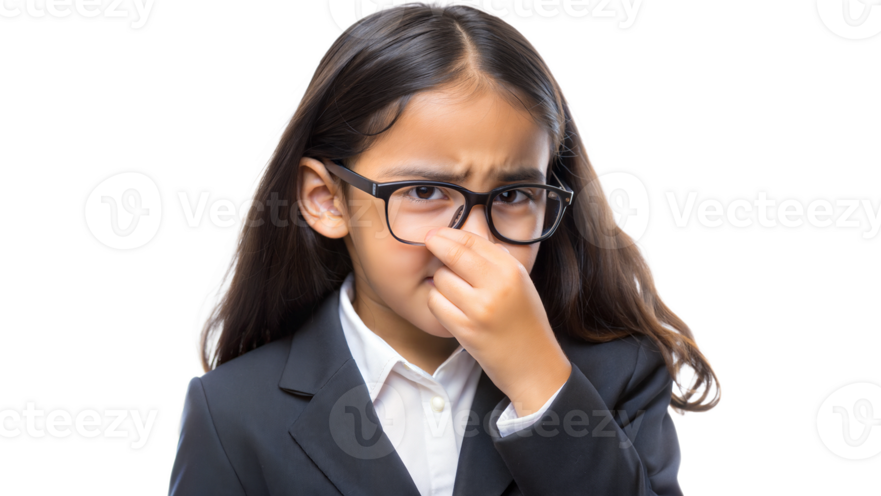 Young girl making a funny face in a black suit, cut out transparent png