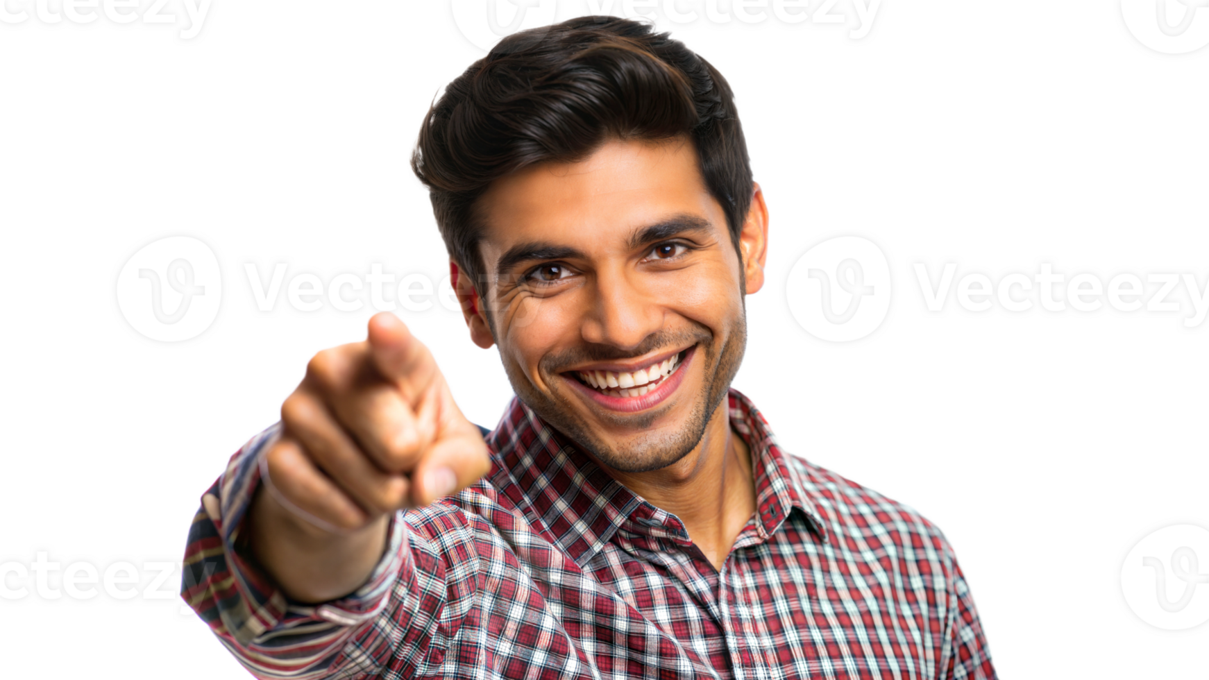 Man in casual clothes pointing at camera, cut out transparent png