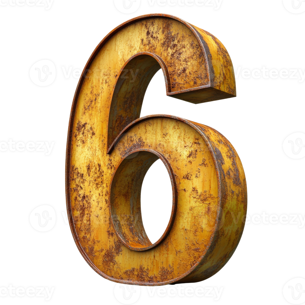 Rustic metal numeral 6 on white background, cut out transparent png