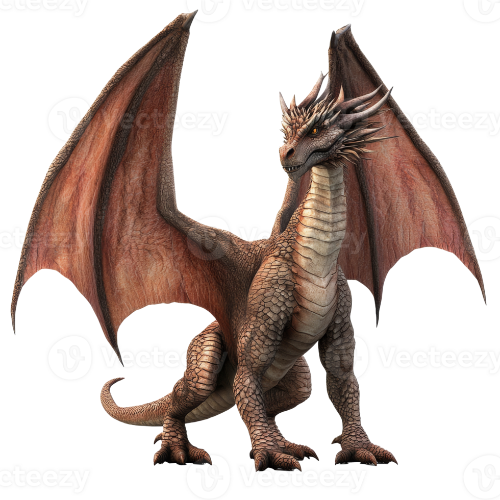 Dragon standing tall with wings spread wide, cut out transparent png