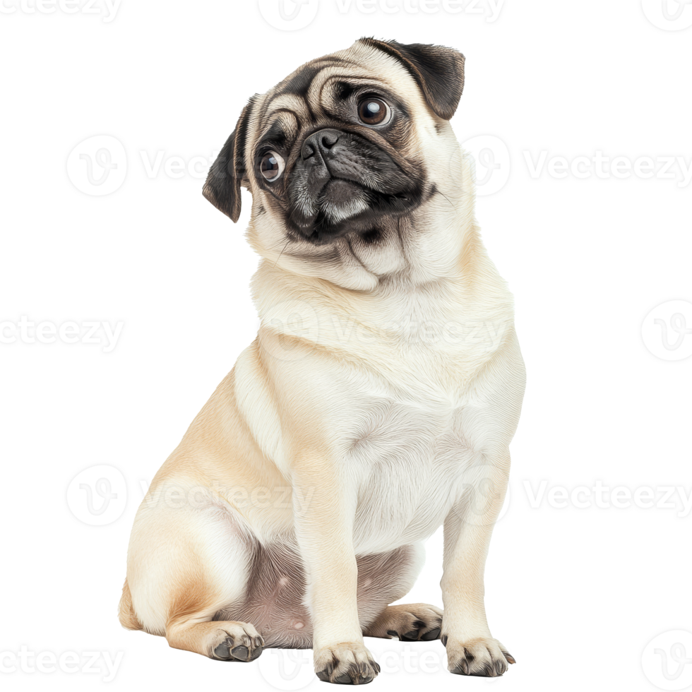 Cute pug sitting and looking curiously indoors, cut out transparent png