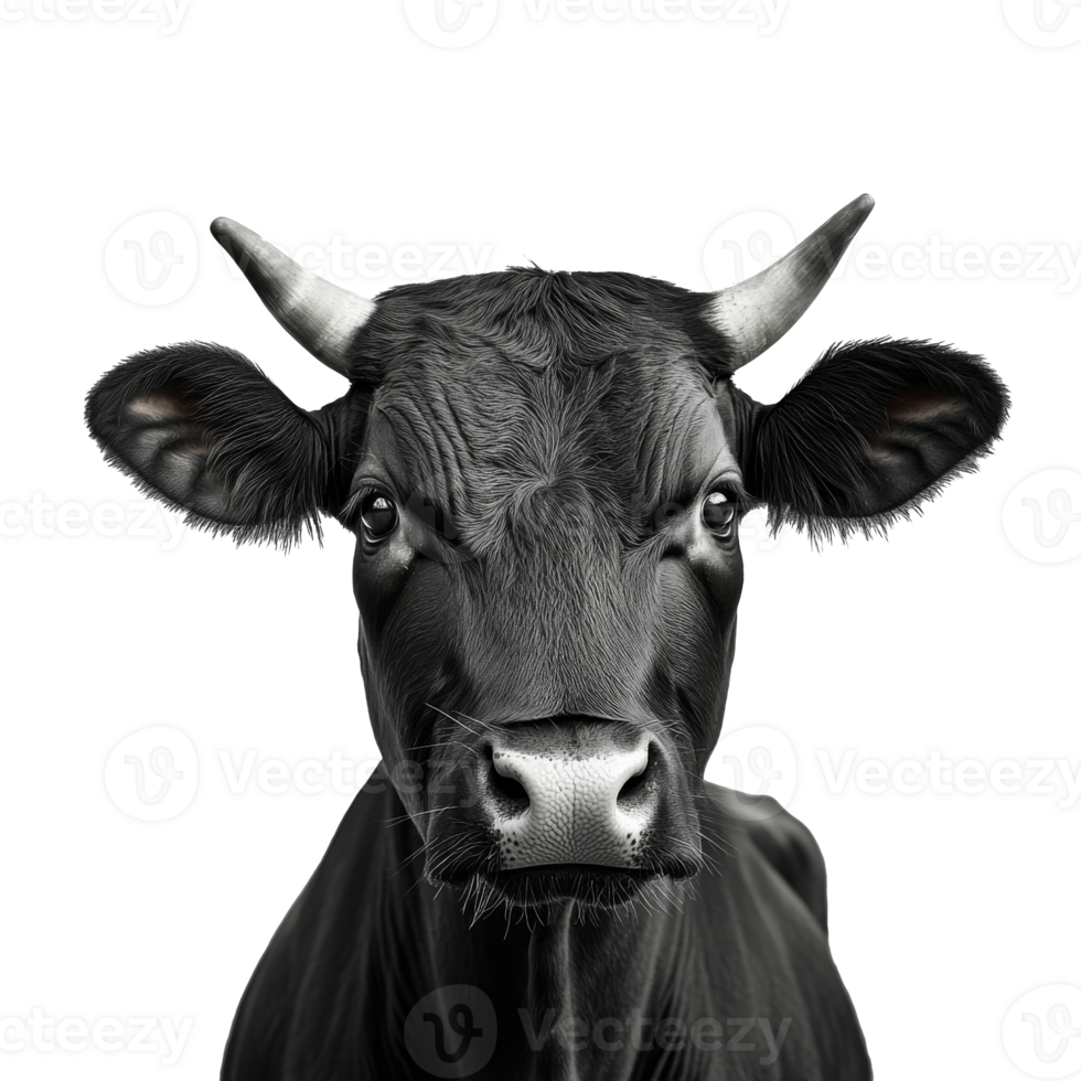 Close-up of a black cow against a white backdrop, cut out transparent png