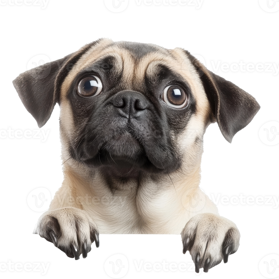Curious pug looking over a white surface indoors, cut out transparent png