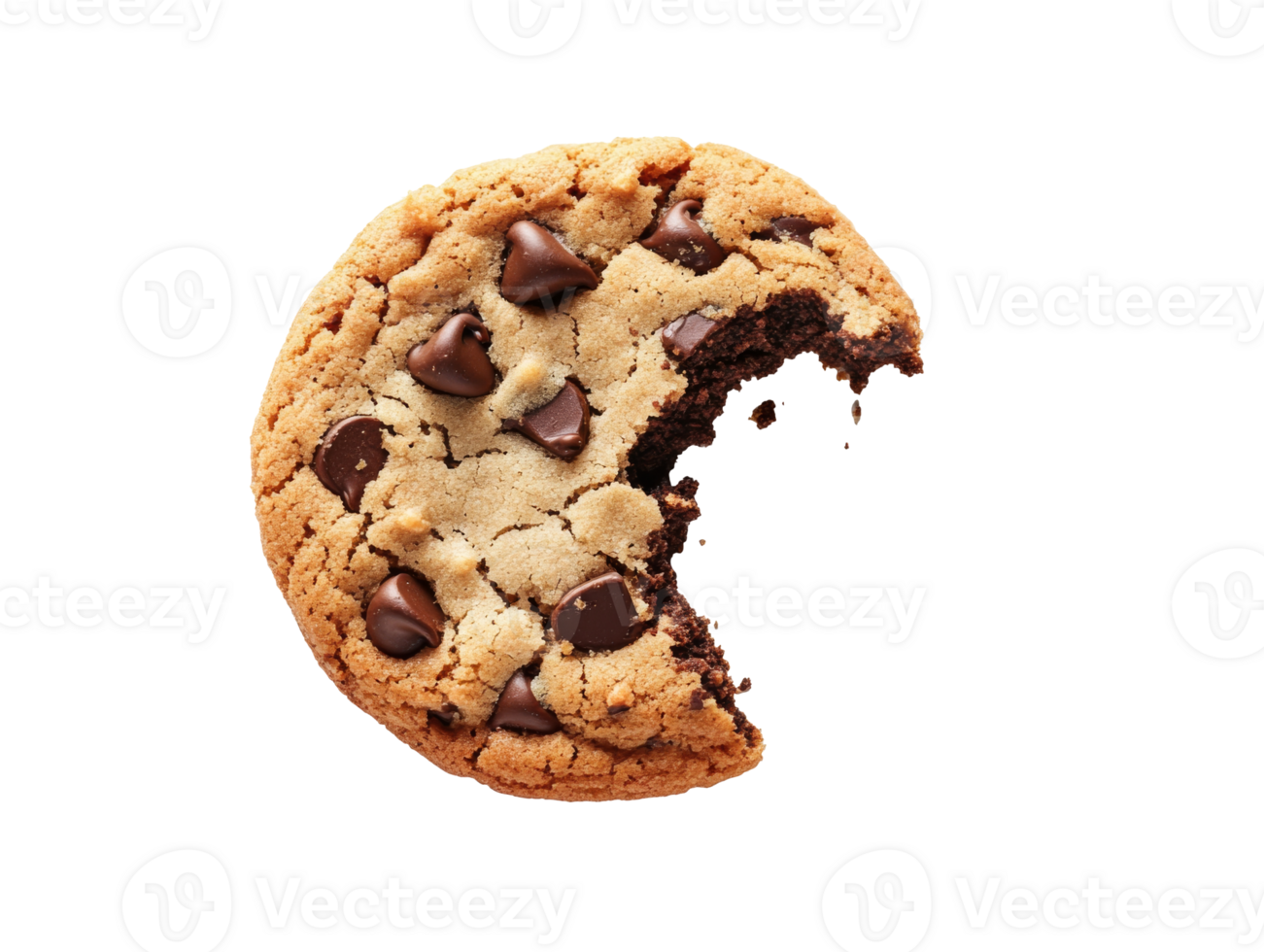 Delicious chocolate chip cookie with a bite taken, cut out transparent png