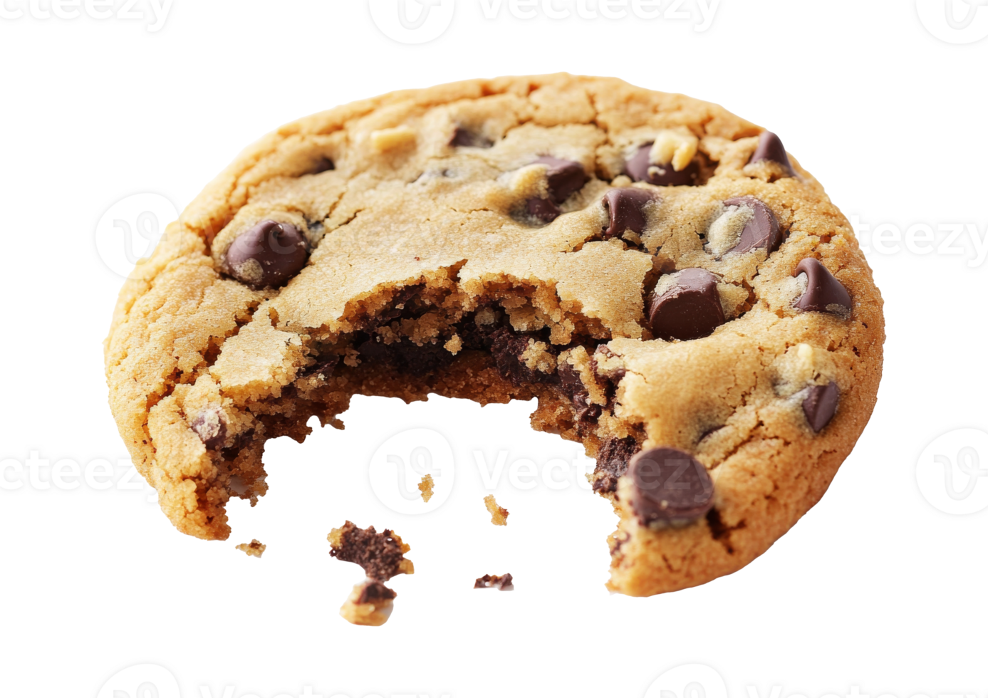 Delicious chocolate chip cookie with a bite taken, cut out transparent png