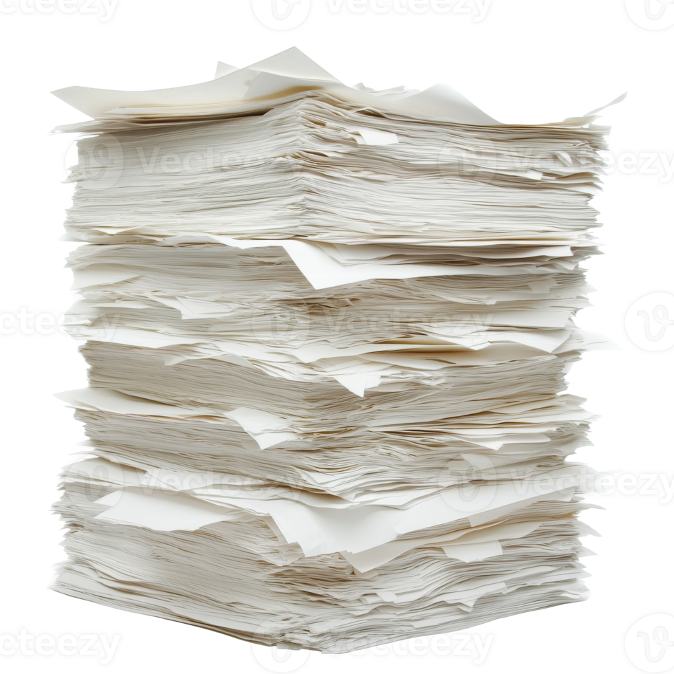 Large stack of unorganized paper in a workspace, cut out transparent png