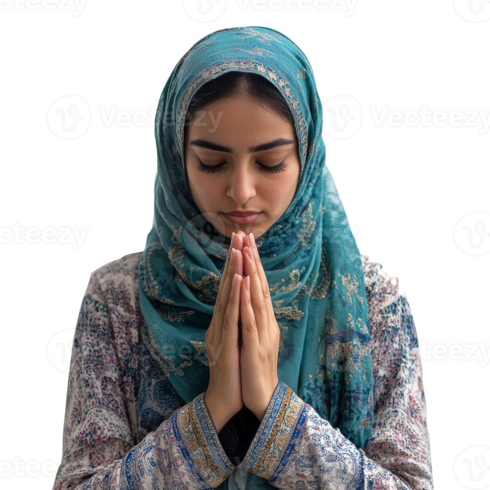 Young woman praying in a calm setting, cut out transparent png
