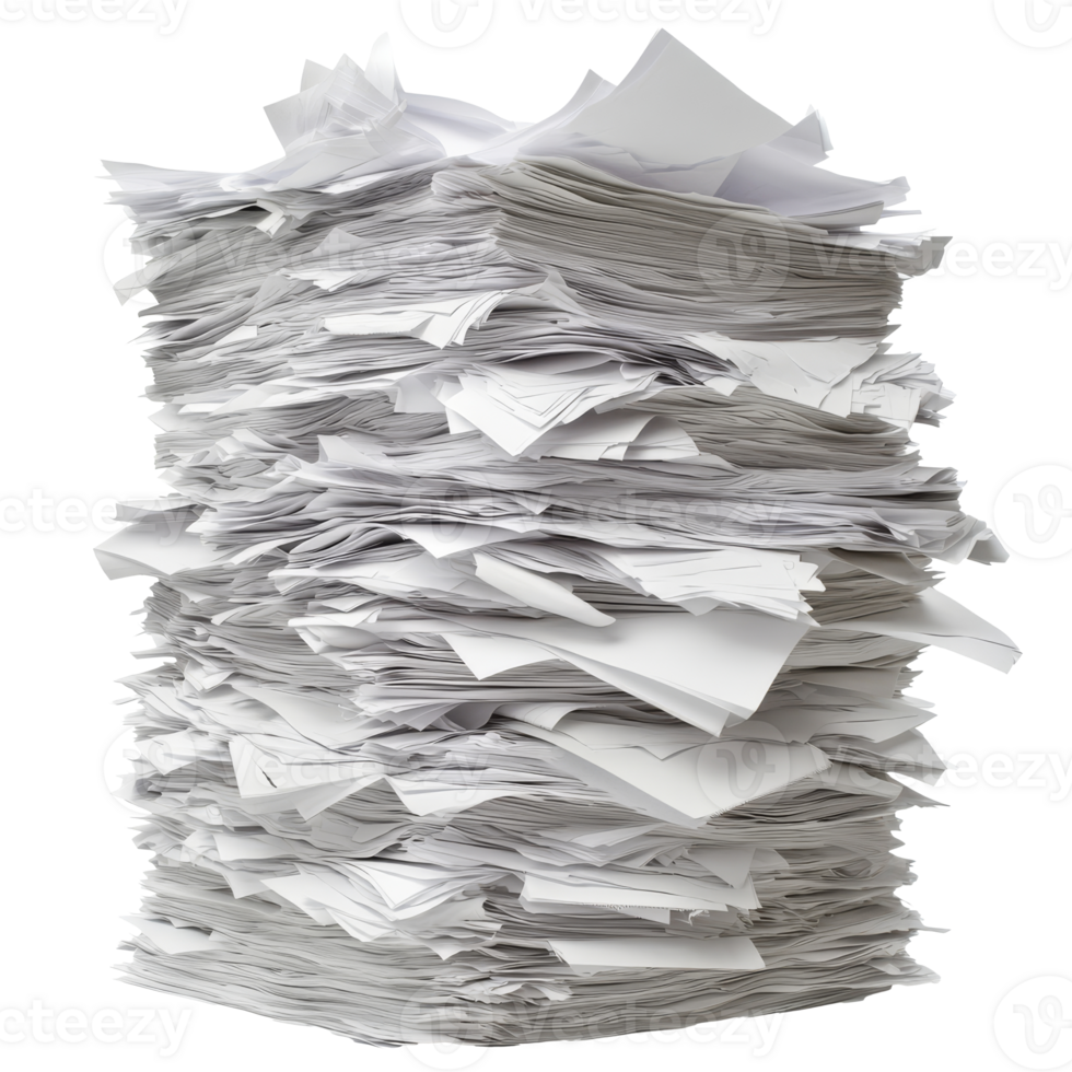 A large stack of disorganized white paper piles, cut out transparent png