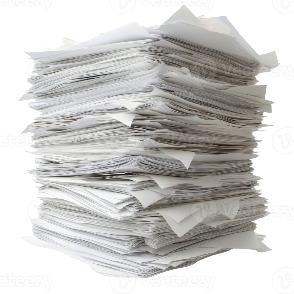 Messy papers on a table in daylight, cut out transparent png