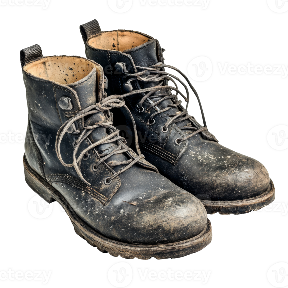 Scuffed black boots on white background, cut out transparent png