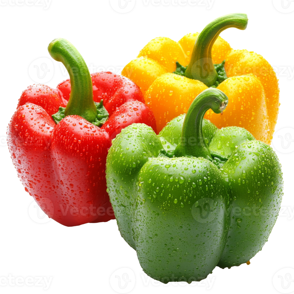 Fresh bell peppers with water droplets on display, cut out transparent png
