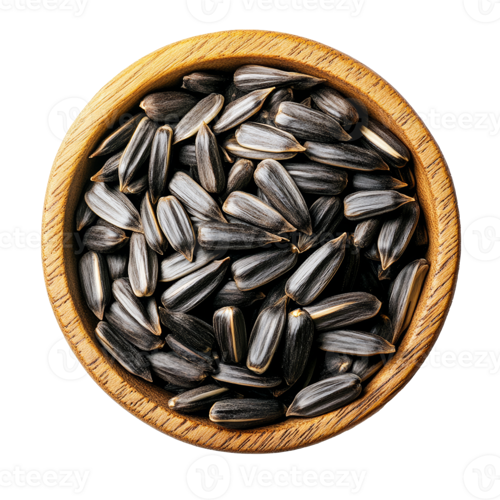 Sunflower seeds in a wooden bowl, cut out transparent png