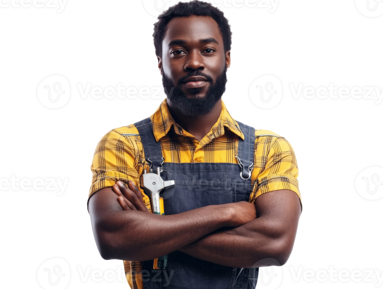 Confident worker in overalls with tools in hand, cut out transparent png