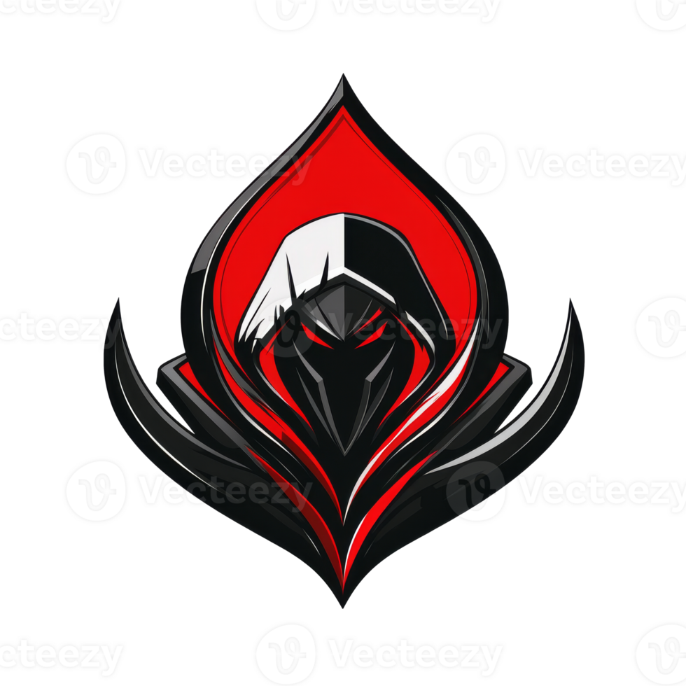 Red and black emblem with hooded figure, cut out transparent png