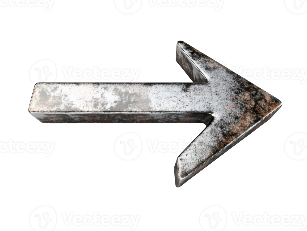 Right-pointing metal arrow on white, cut out transparent png
