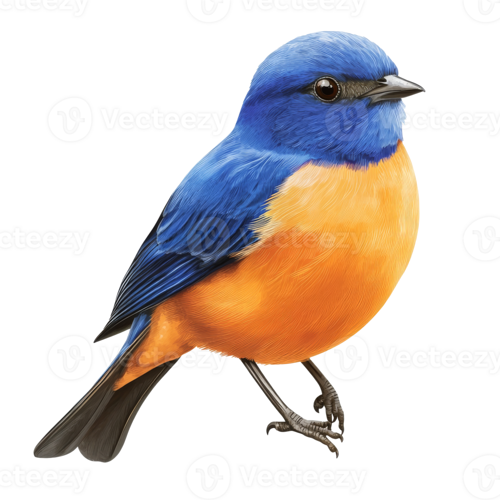 Vibrant blue and orange bird perched on a branch, cut out transparent png
