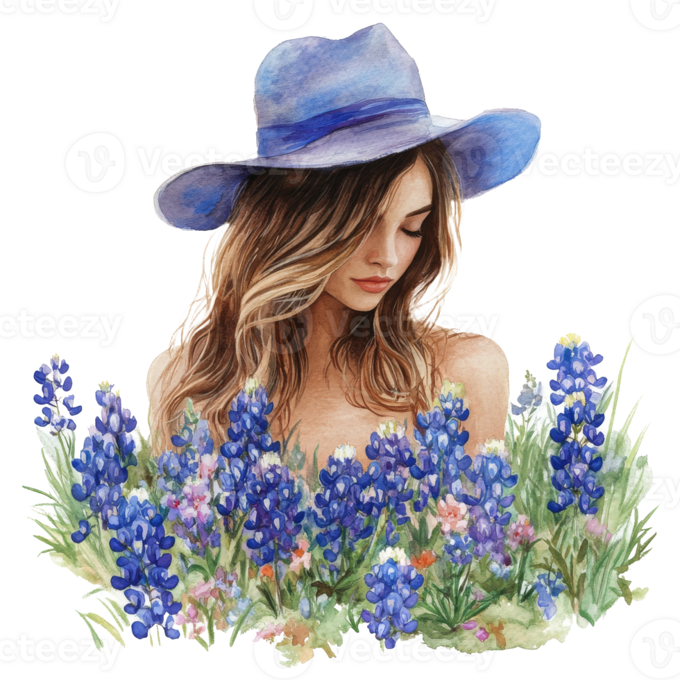 Young woman in a blue hat surrounded by flowers, cut out transparent png