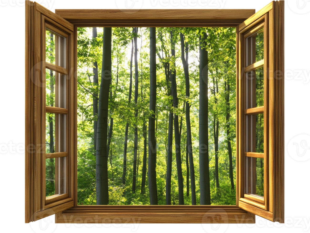 Green forest view through wooden windows, cut out transparent png