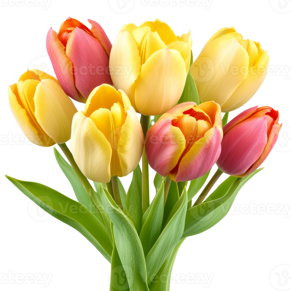 Colorful tulips arranged in a vibrant bouquet, cut out transparent png