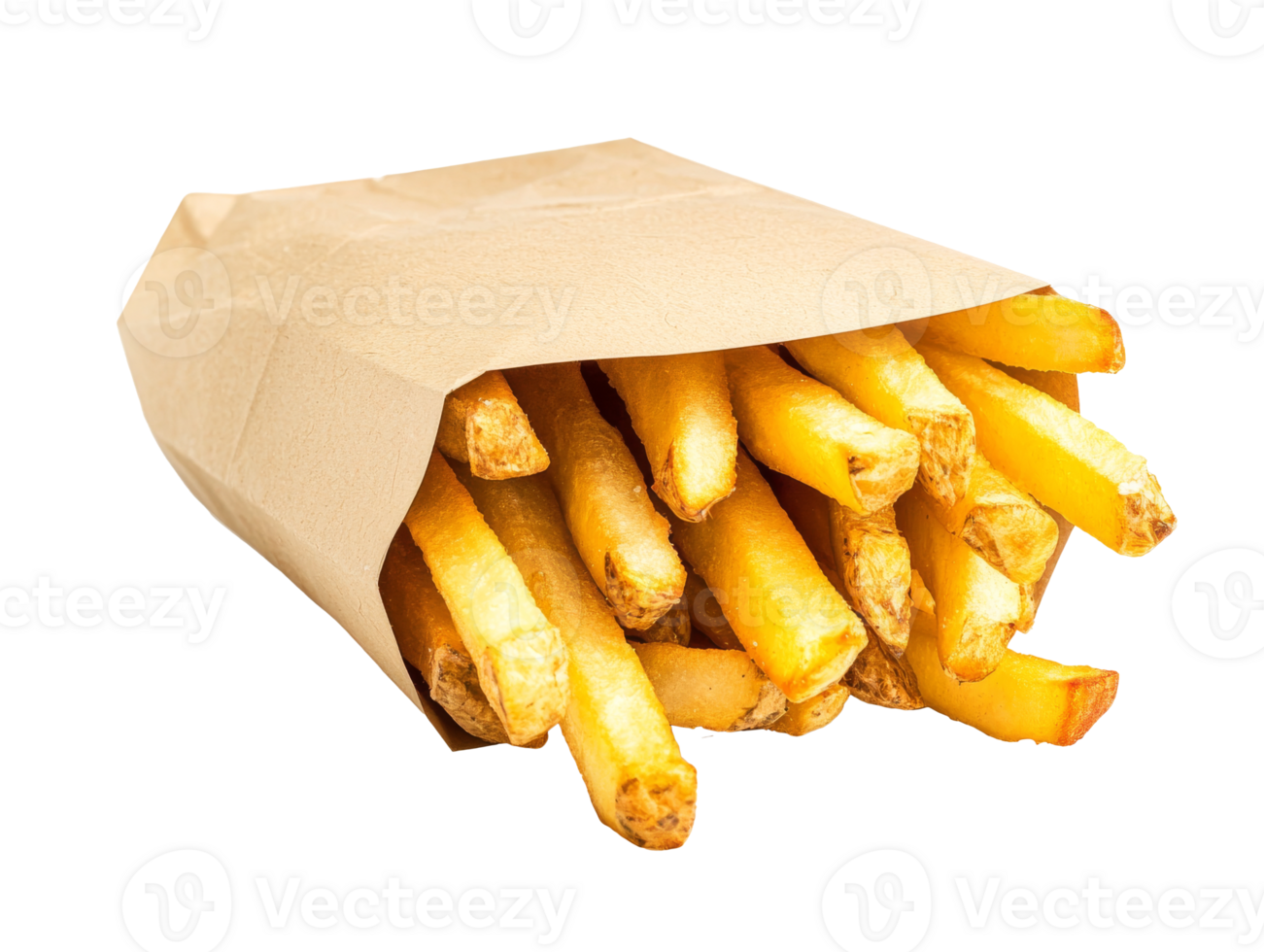 Crispy golden fries in a paper bag on a table, cut out transparent png