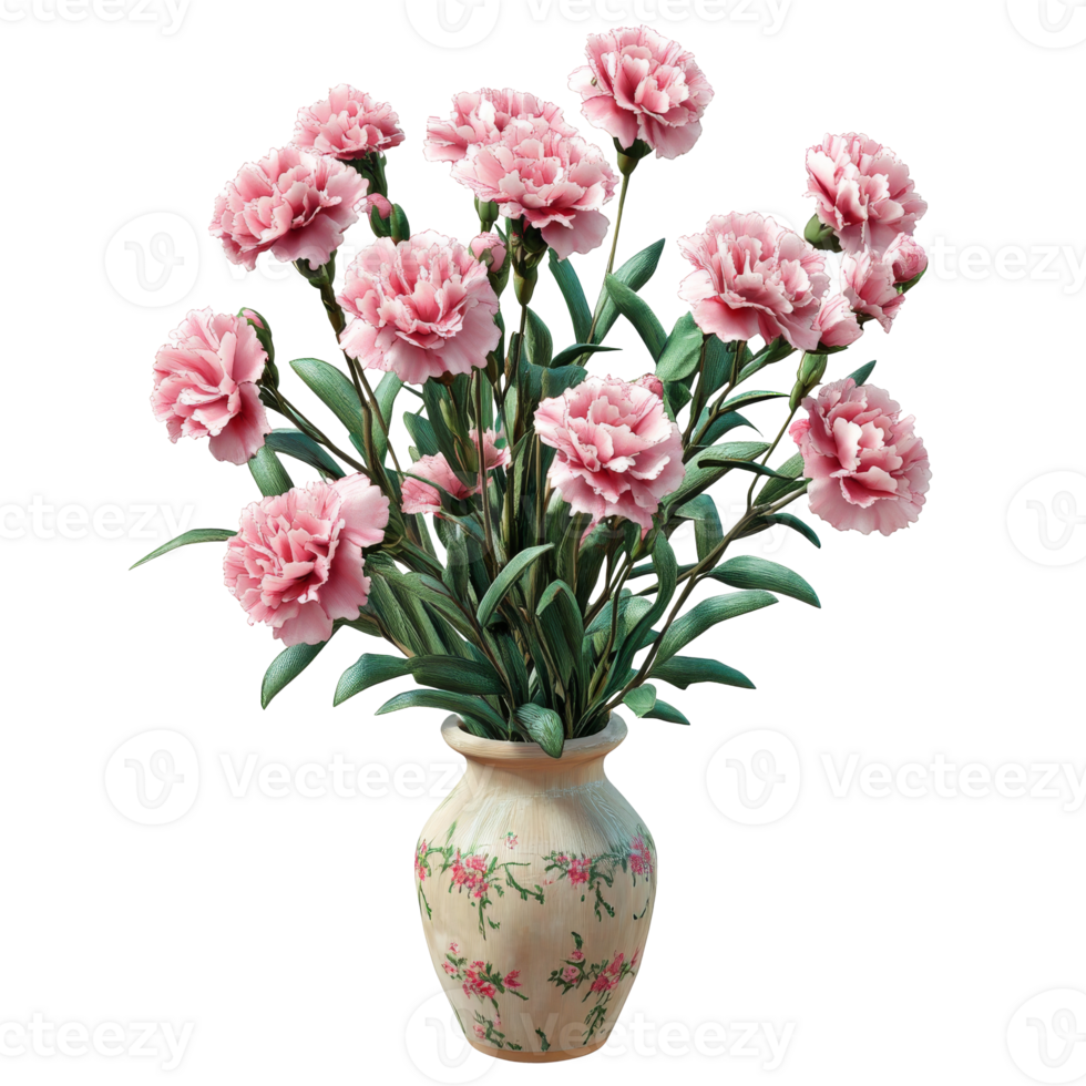 Pink carnations in a decorative vase on a table, cut out transparent png