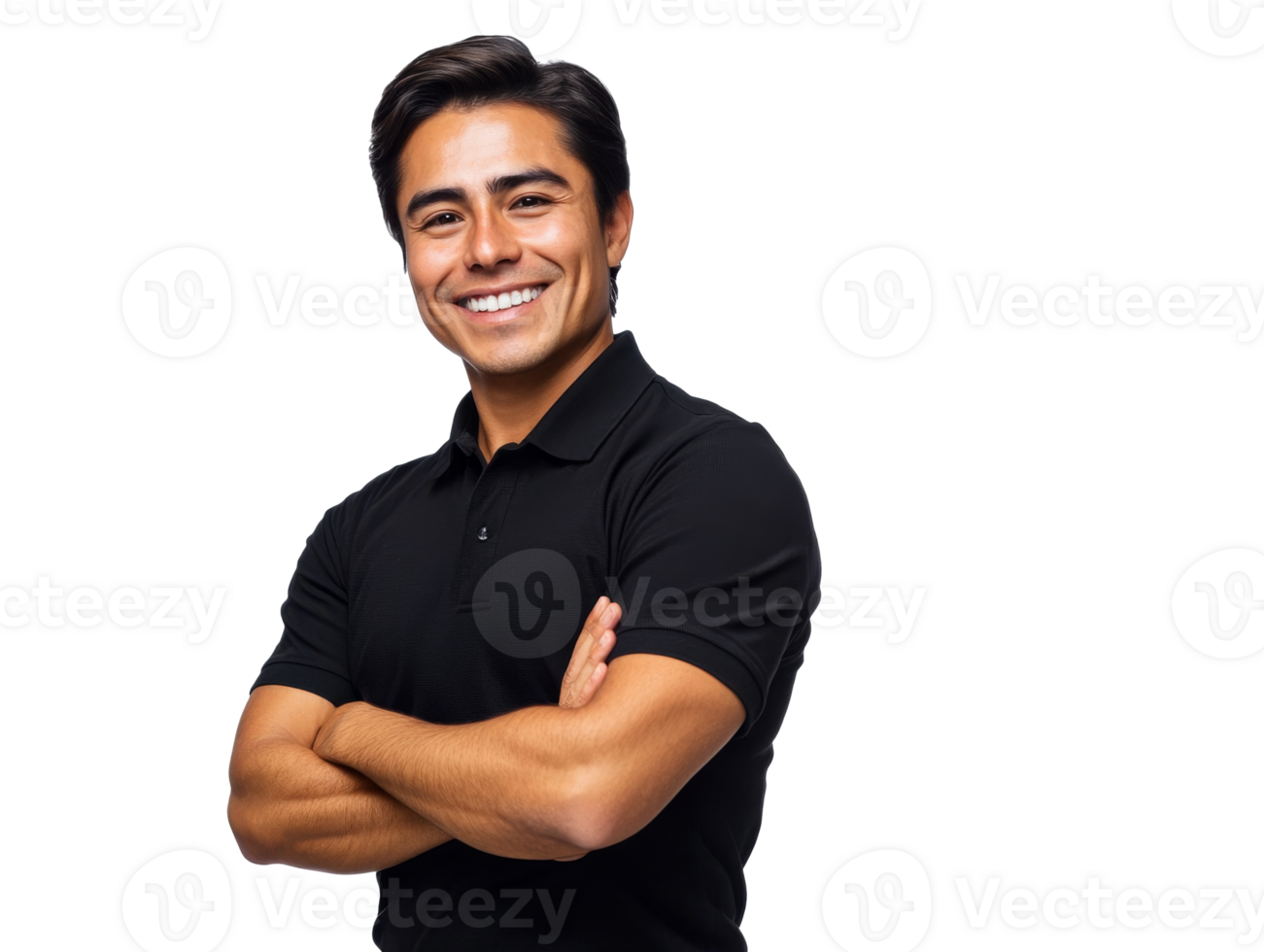 Smiling man in a black shirt with crossed arms, cut out transparent png