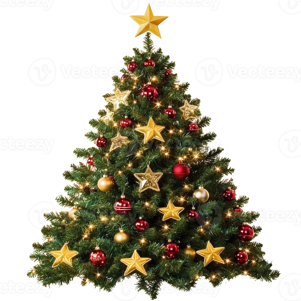 Decorated Christmas tree with lights, cut out transparent png