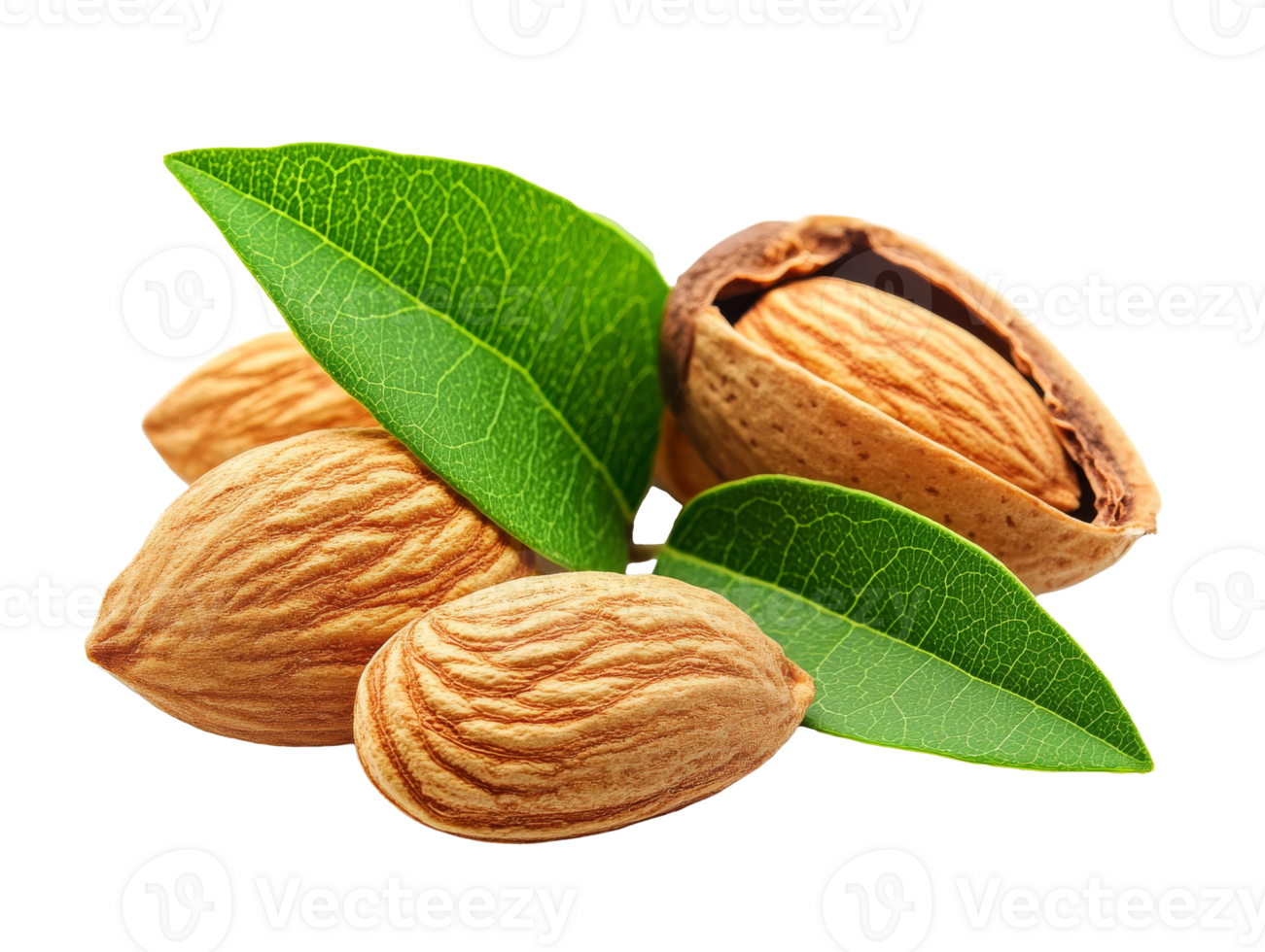 Fresh almonds with leaves and a nutshell displayed, cut out transparent png