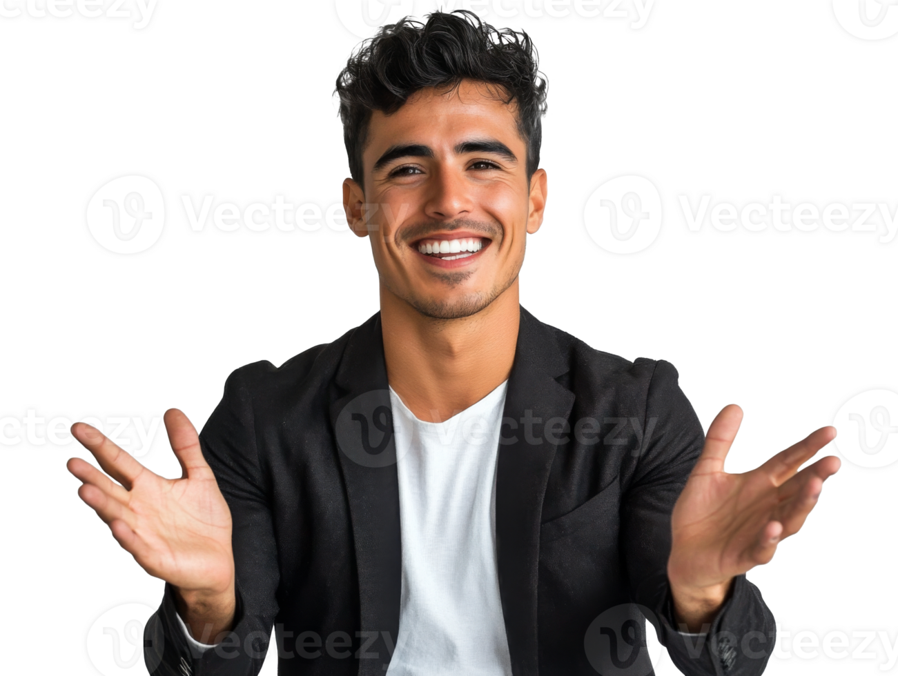 Smiling man expressing joy with open hands indoors, cut out transparent png