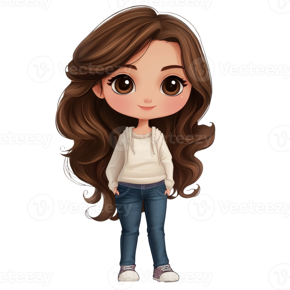 Charming cartoon with long hair, casual look, cut out transparent png