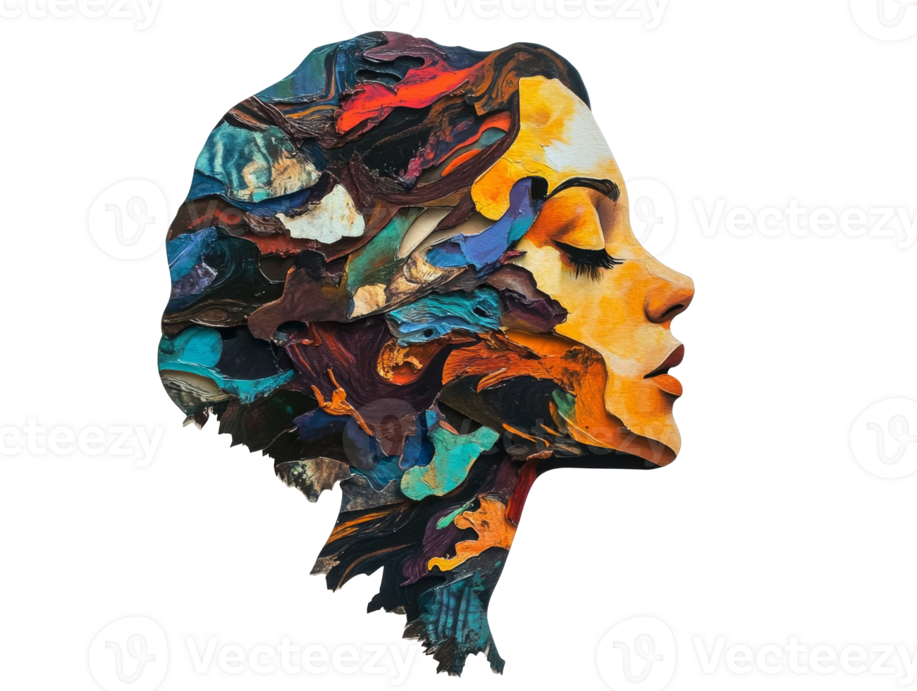 Artistic silhouette of a woman with vibrant colors, cut out transparent png
