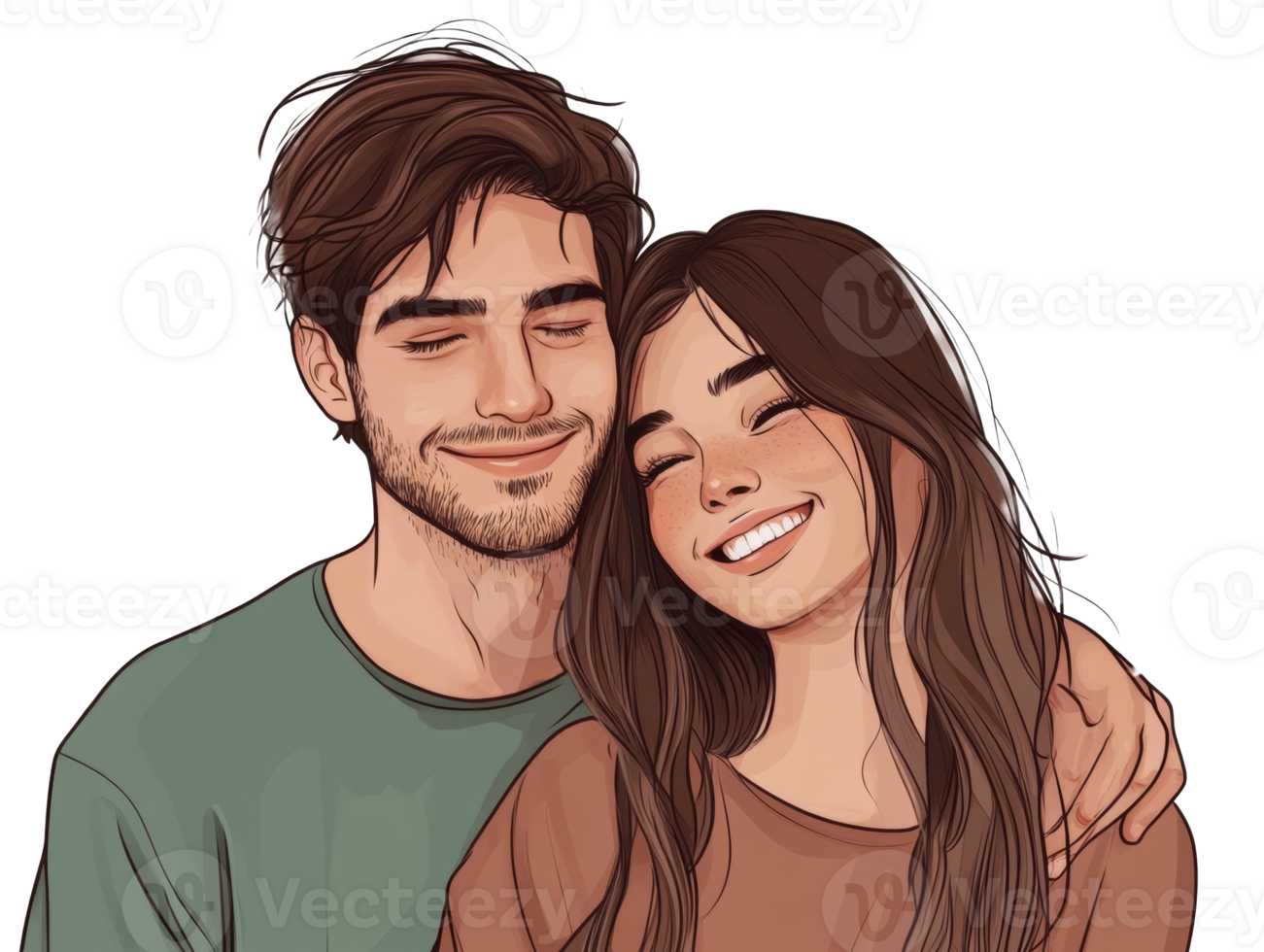 Young couple smiling together in a warm embrace, cut out transparent png