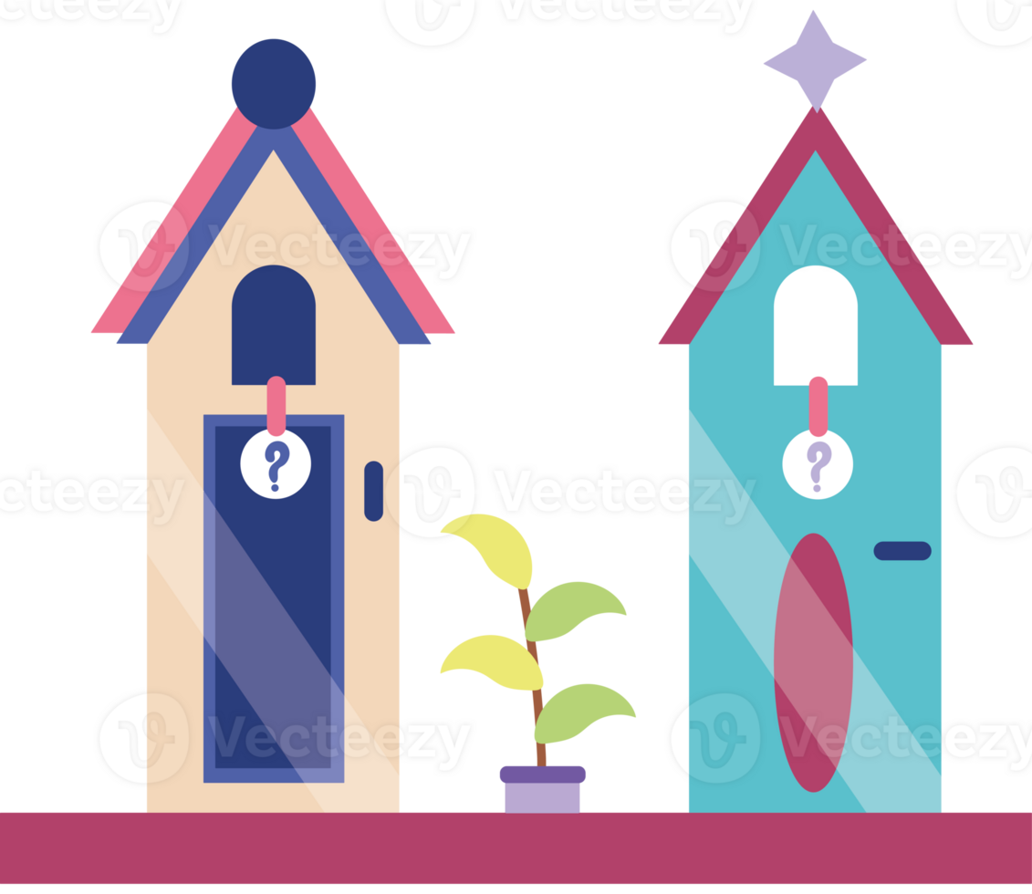 Two houses with a plant in one and a question mark in the other png