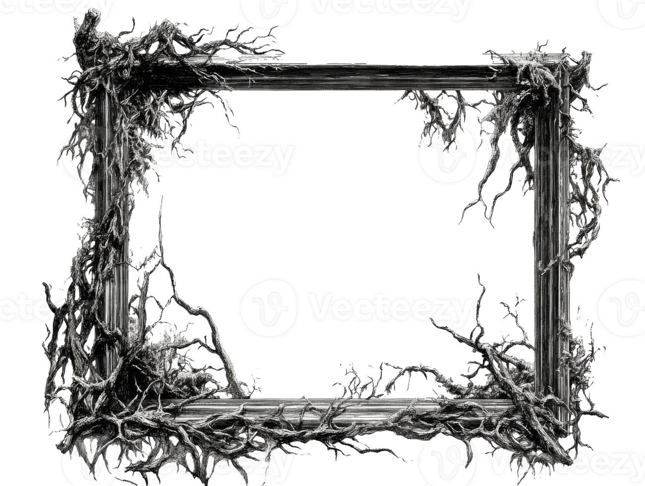 Intricate roots envelop a weathered picture frame, cut out transparent png