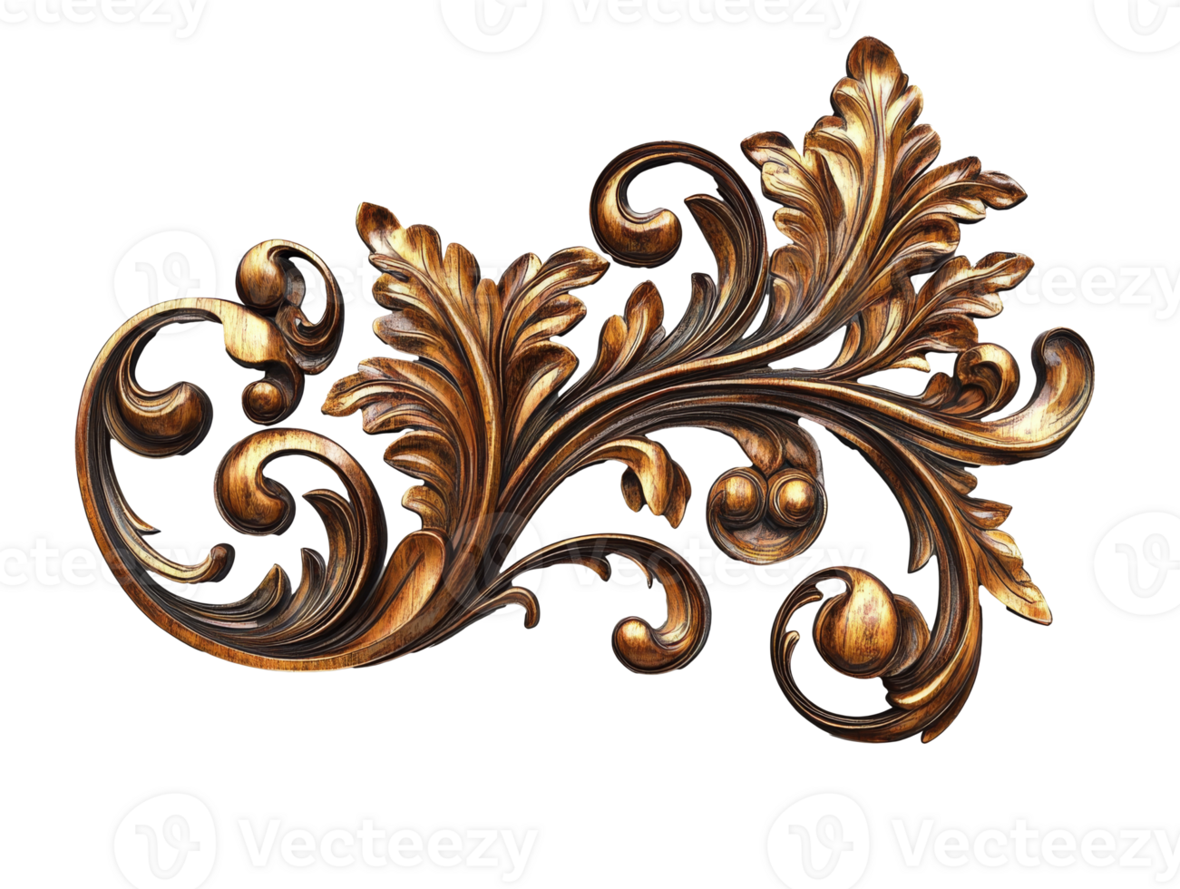 Ornate wooden carving of leaves and curls, cut out transparent png