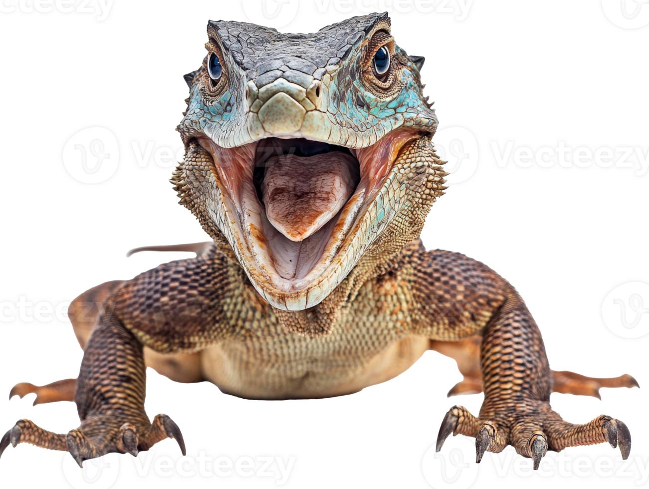 Large lizard with mouth open in natural habitat, cut out transparent png