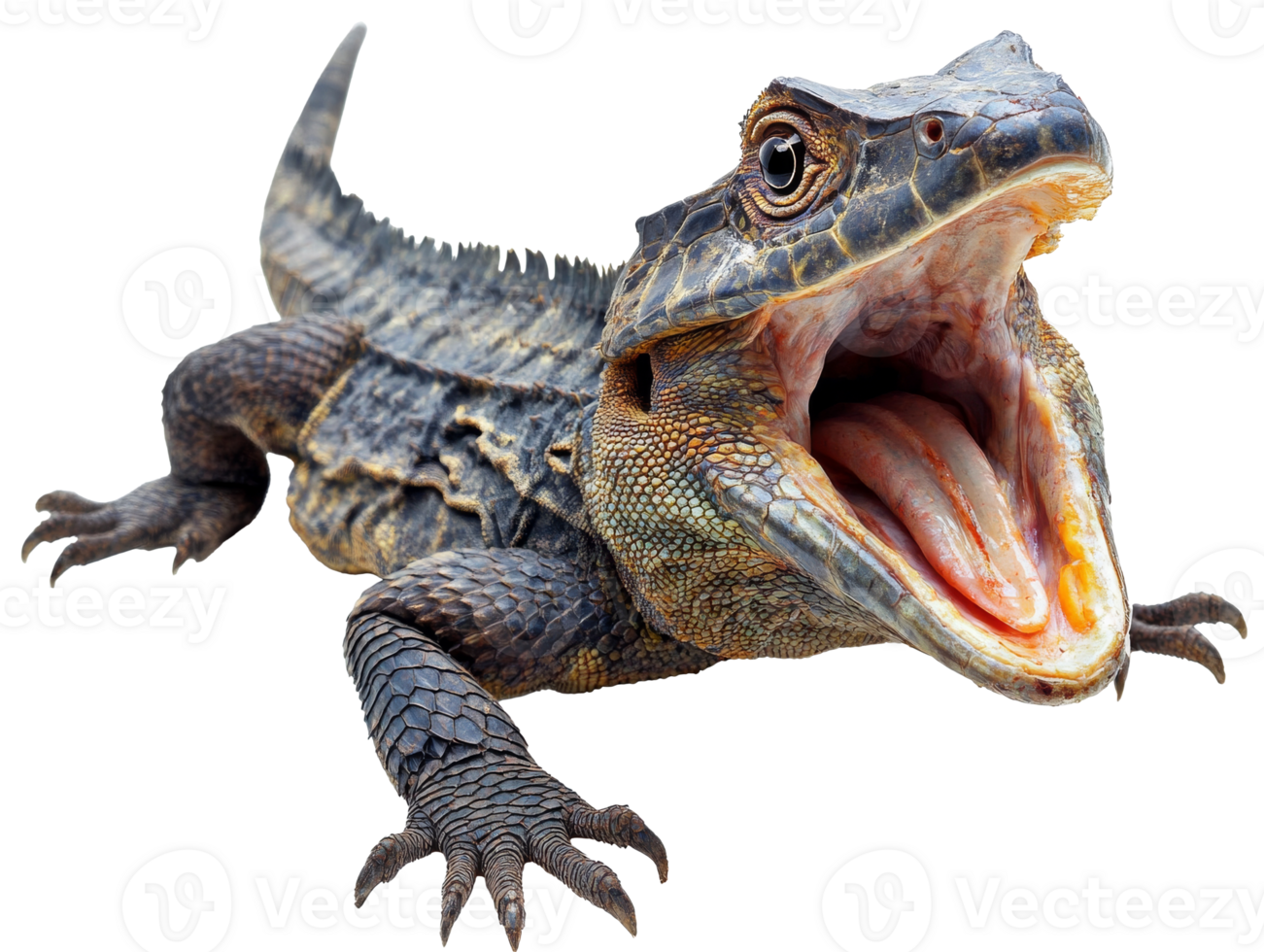 Large reptile with open mouth in natural habitat, cut out transparent png