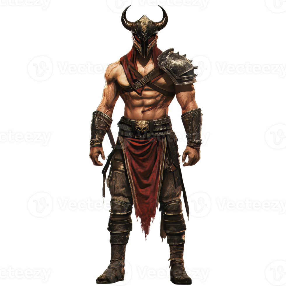 Warrior in battle armor with a horned helmet, cut out transparent png