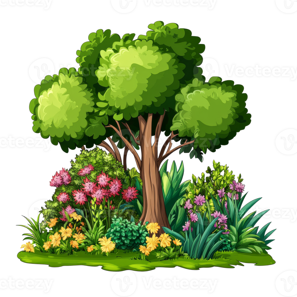 Lush tree surrounded by colorful garden flowers, cut out transparent png