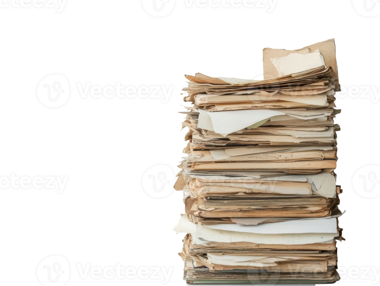 A tall stack of dusty papers on a white background, cut out transparent png