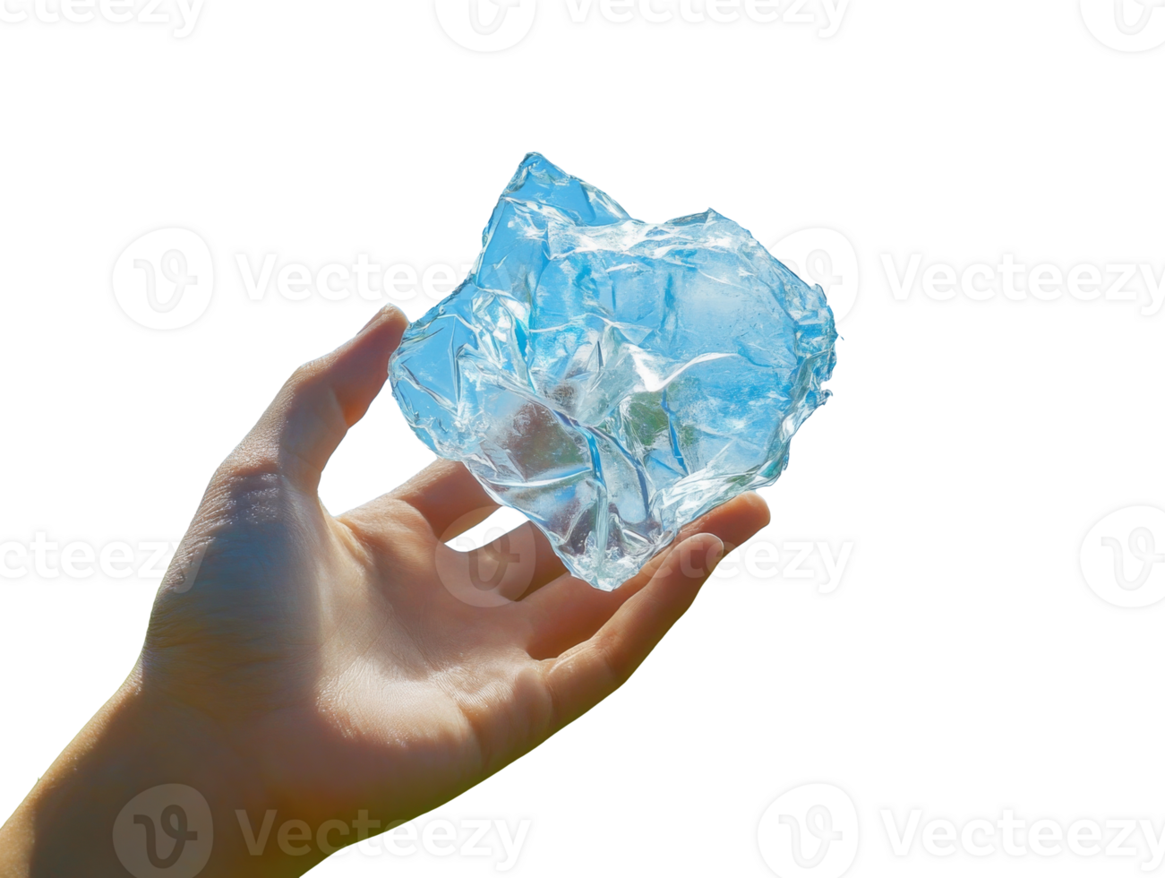 Hand holding a piece of translucent blue ice, cut out transparent png