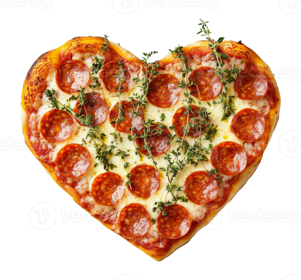 Heart-shaped pepperoni pizza with fresh herbs, cut out transparent png