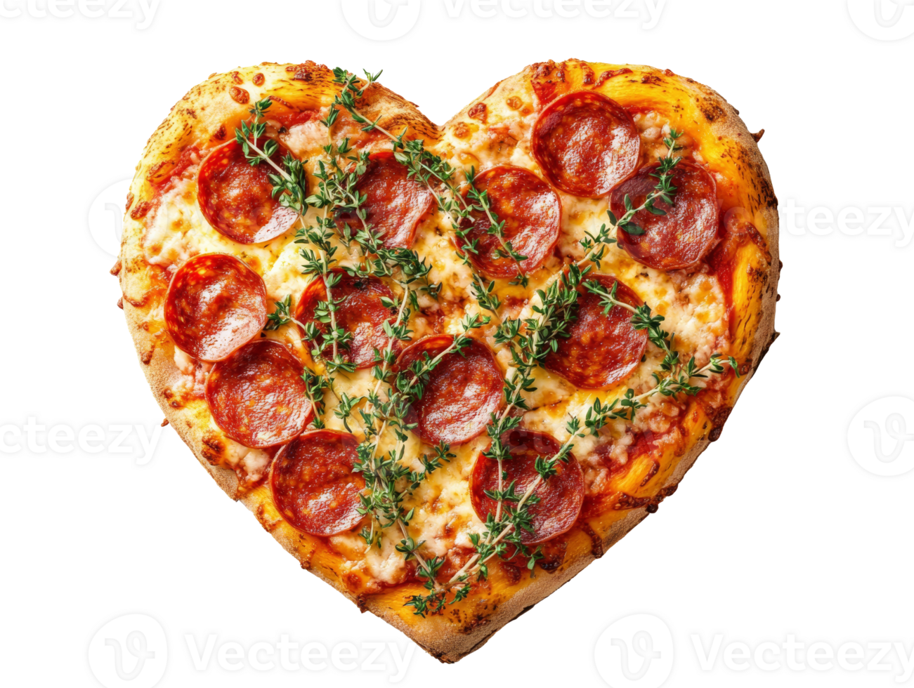 Heart-shaped pizza with pepperoni and herbs, cut out transparent png