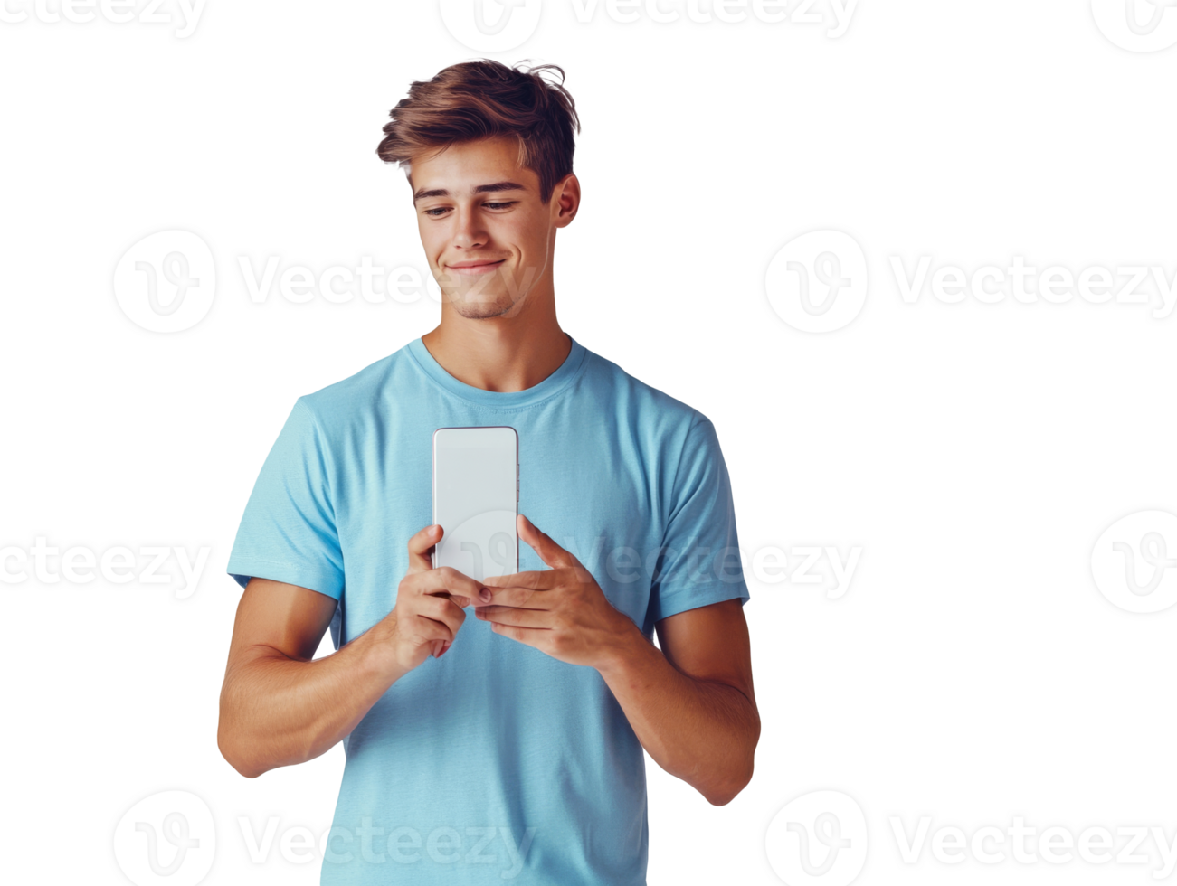 Smiling young man with smartphone, cut out transparent png