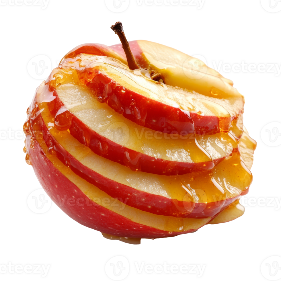 Honey-drizzled sliced apple in bright light, cut out transparent png